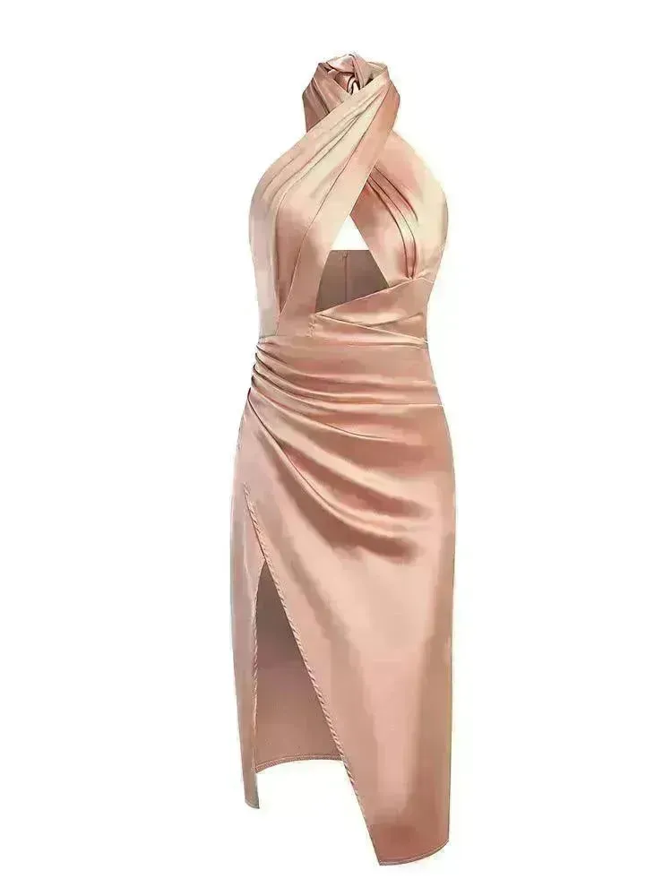 Satin Halter Cross Backless Split Dress