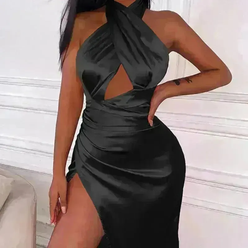 Satin Halter Cross Backless Split Dress