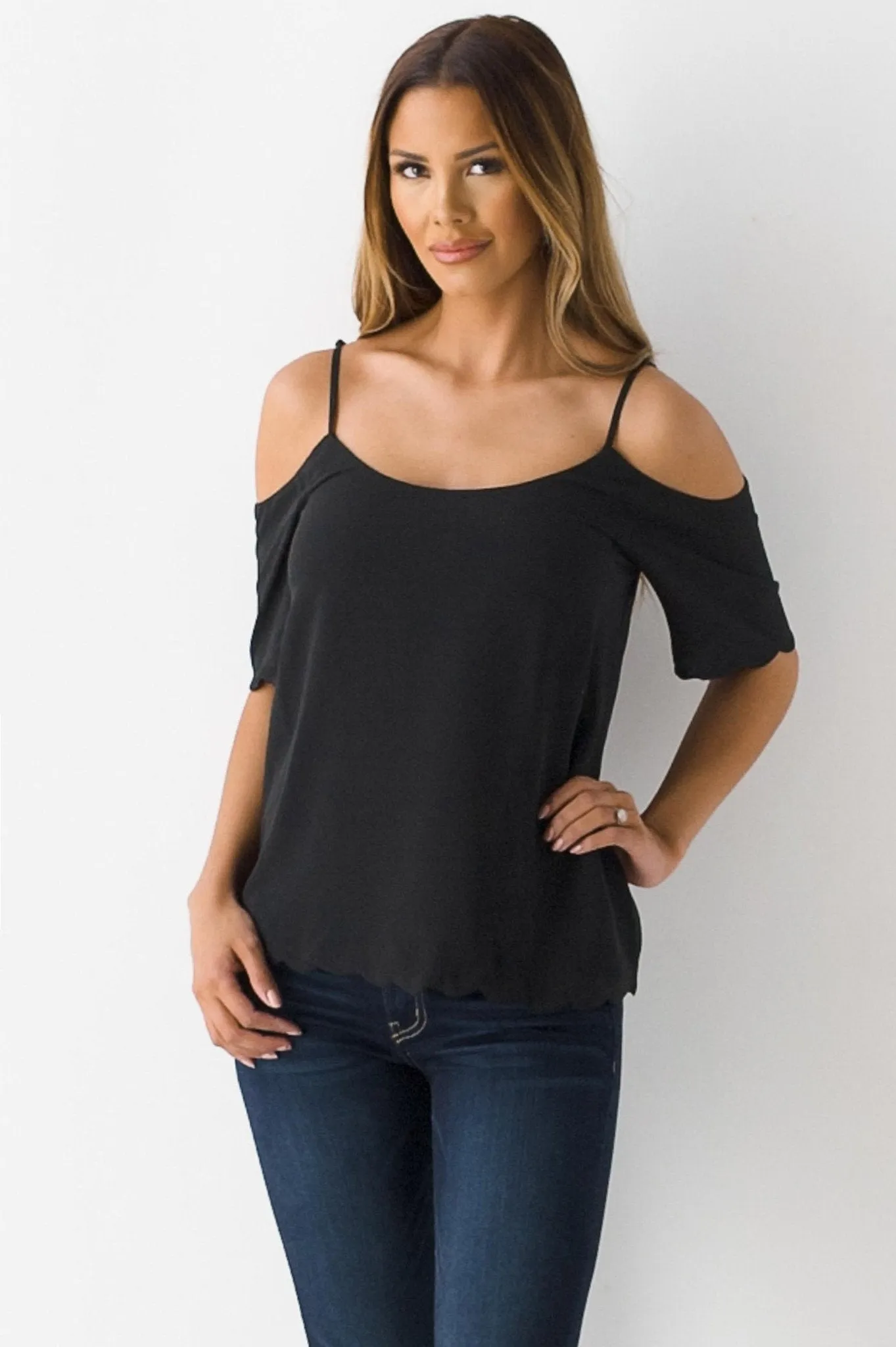 Scalloped Cold Shoulder Top