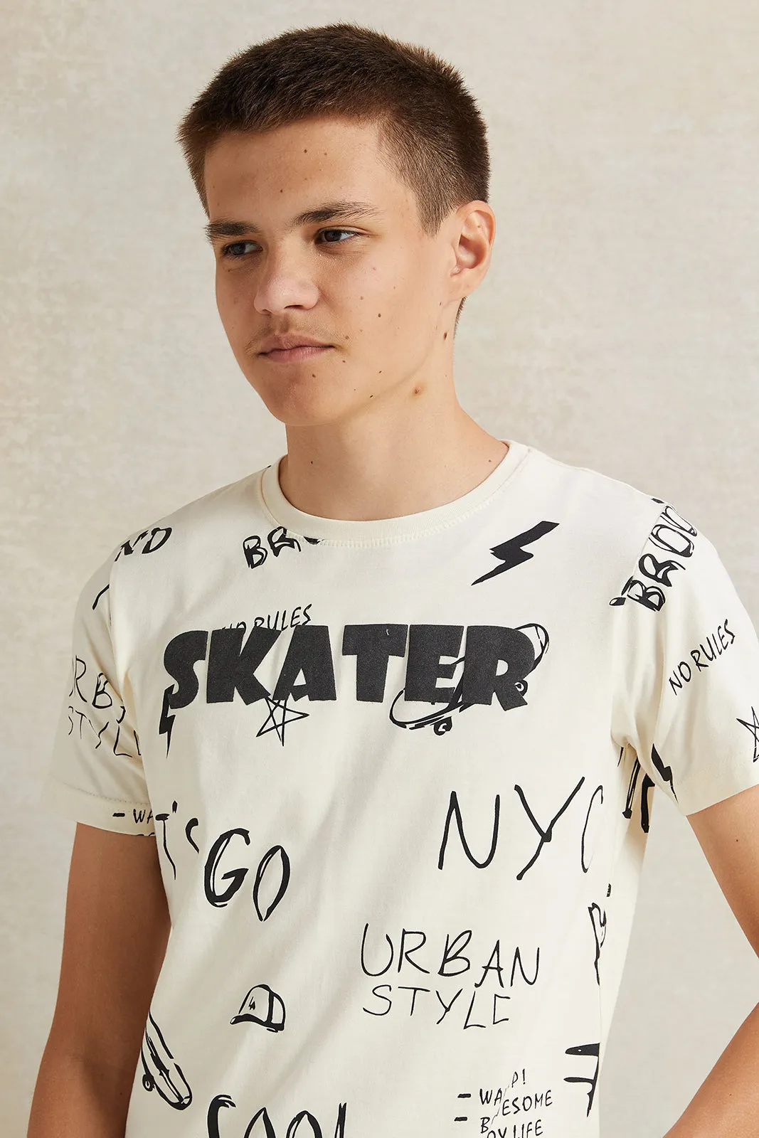 Senior Boys Cream Printed T-Shirt