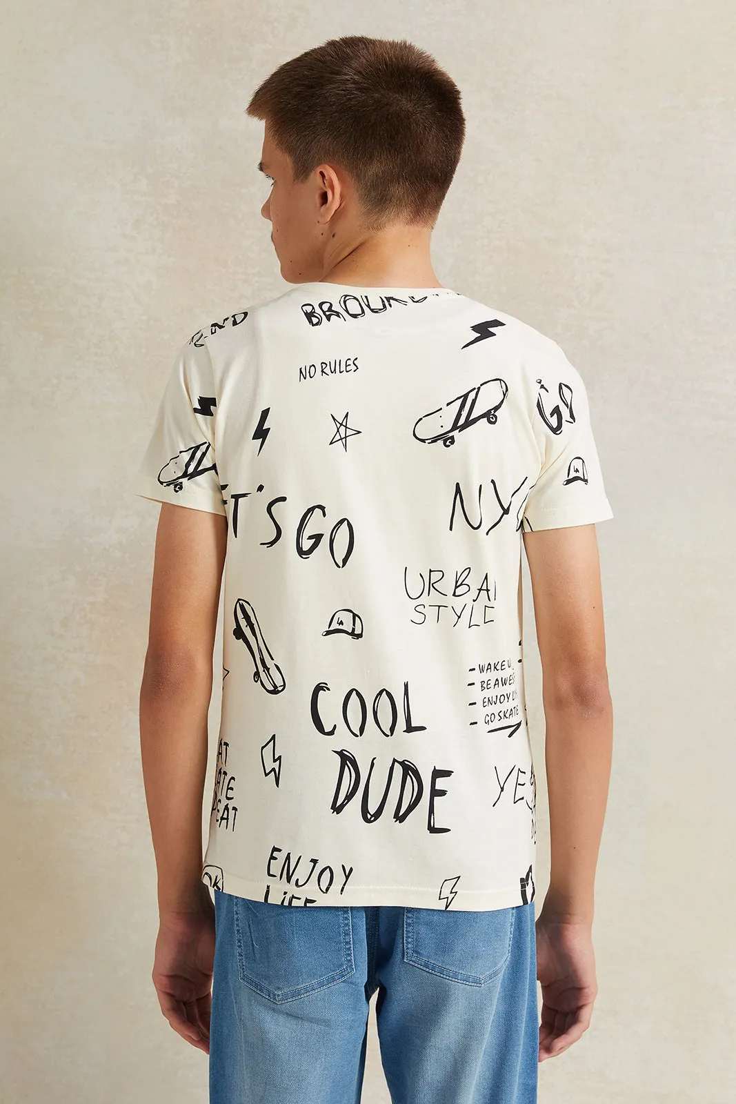 Senior Boys Cream Printed T-Shirt