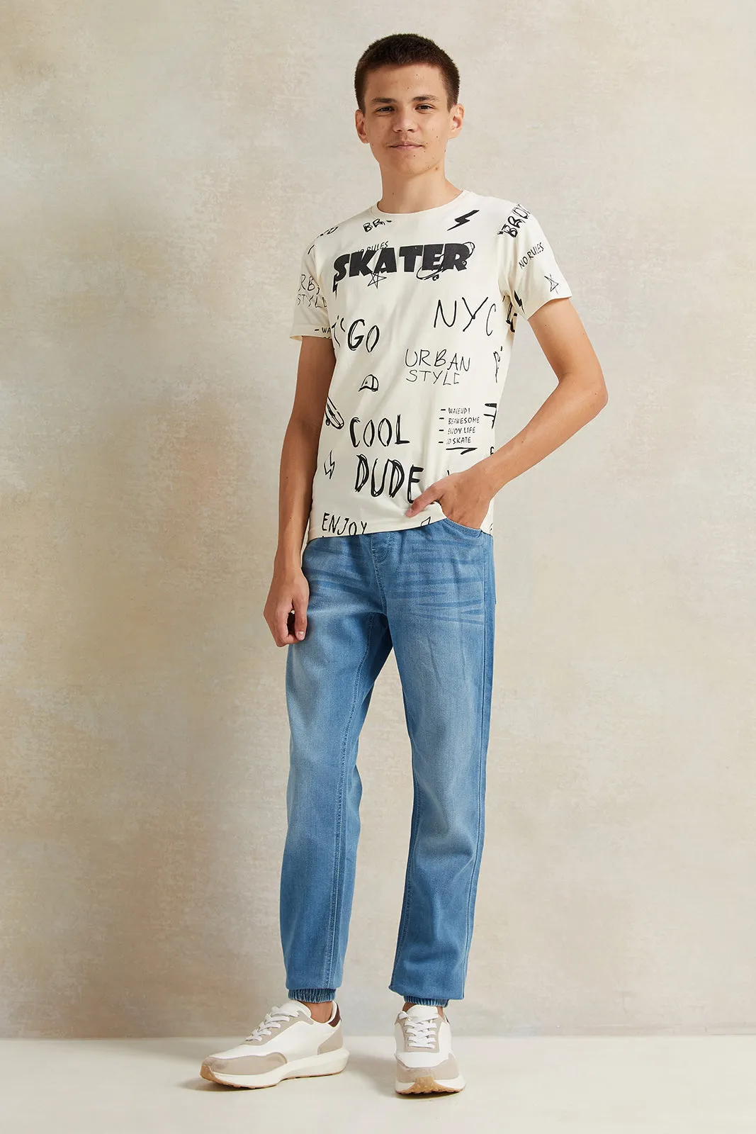 Senior Boys Cream Printed T-Shirt