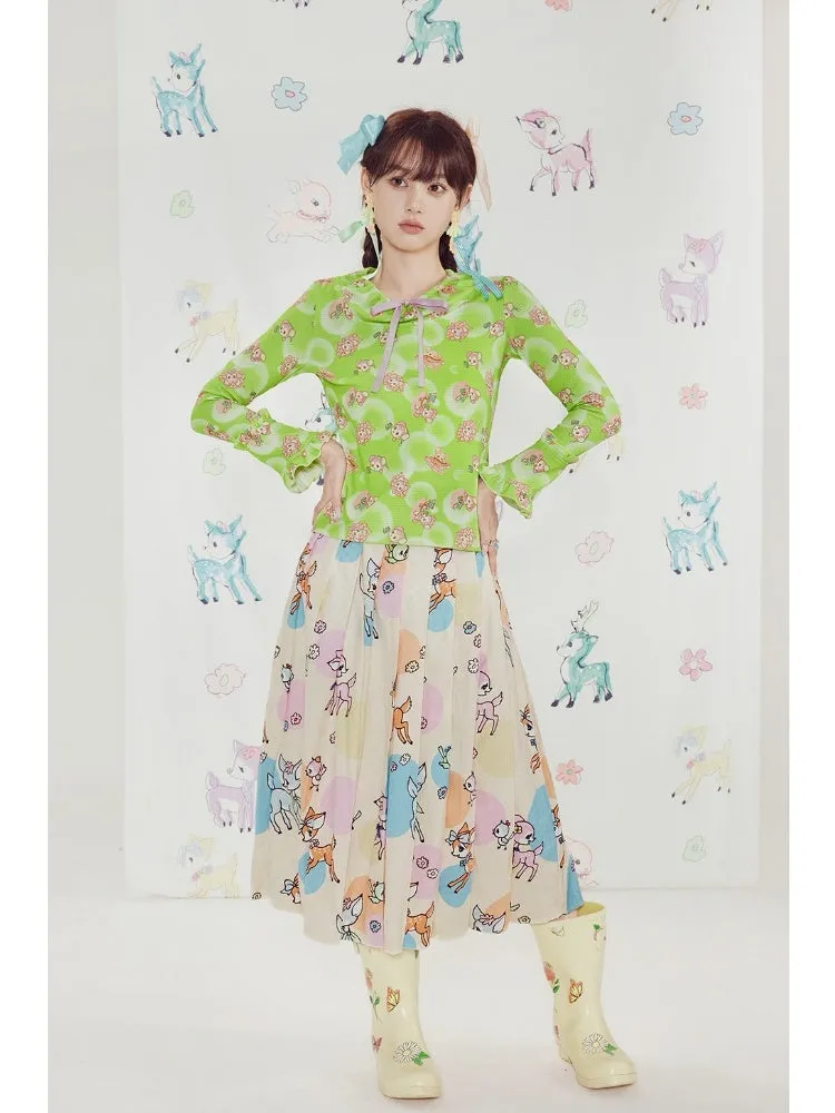 Shimizu Illustration Cute Deer Print Pleated A-Line Skirt【s0000003661】