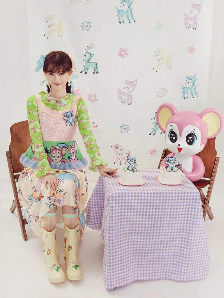 Shimizu Illustration Cute Deer Print Pleated A-Line Skirt【s0000003661】