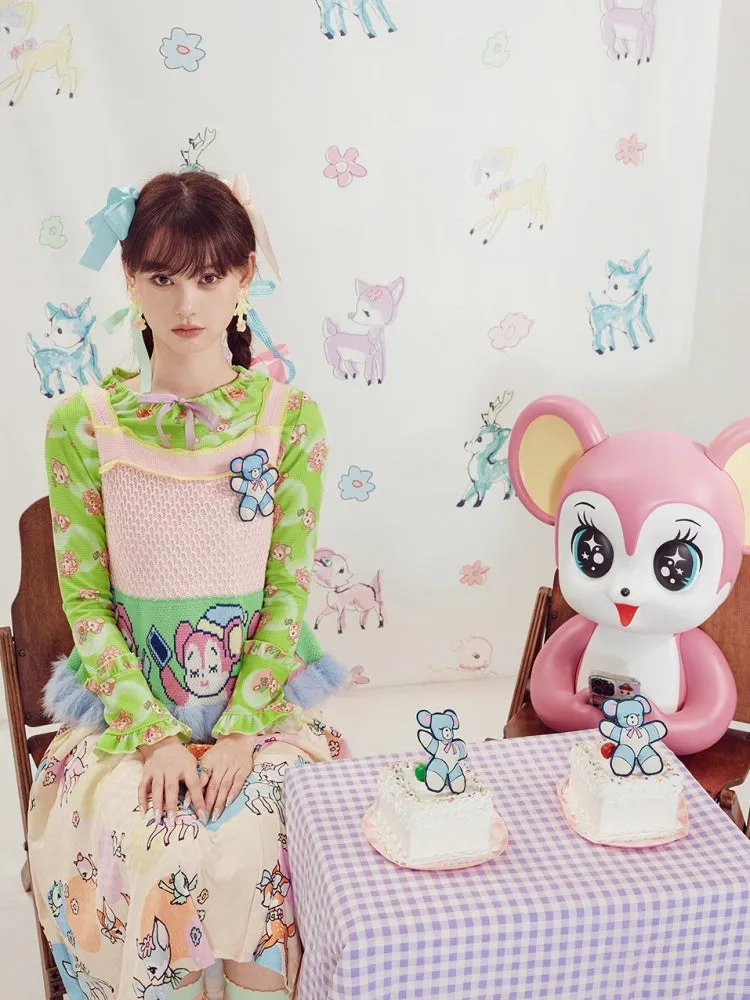 Shimizu Illustration Cute Deer Print Pleated A-Line Skirt【s0000003661】