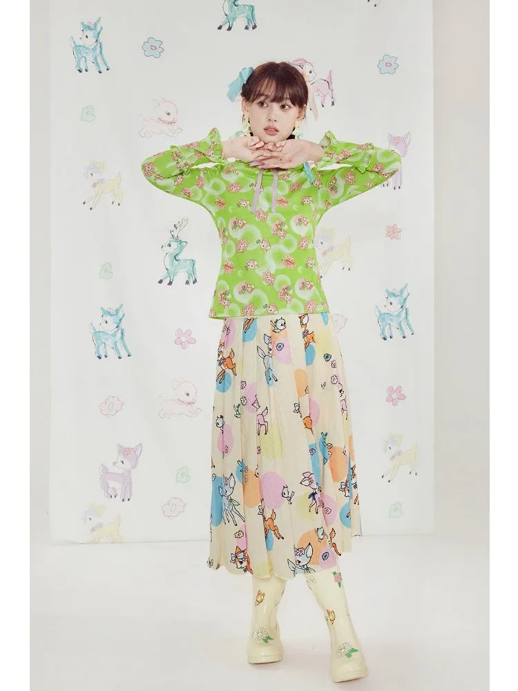 Shimizu Illustration Cute Deer Print Pleated A-Line Skirt【s0000003661】