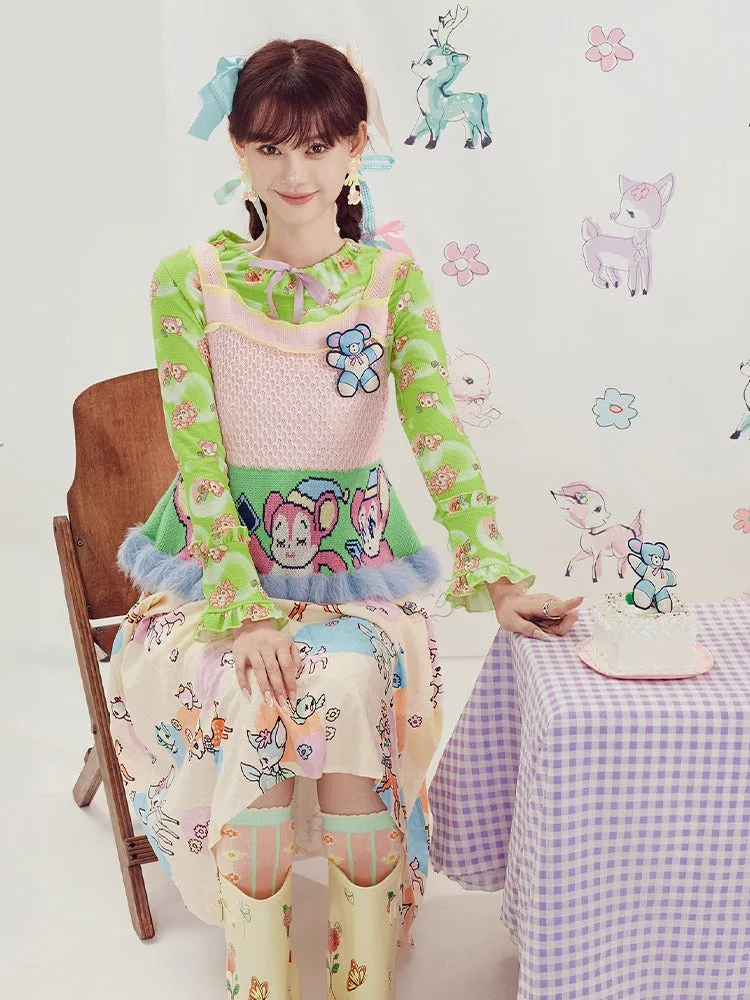Shimizu Illustration Cute Deer Print Pleated A-Line Skirt【s0000003661】