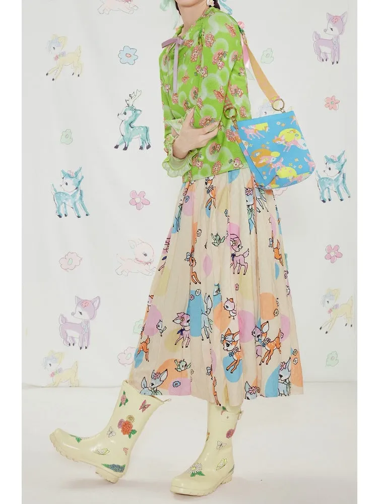 Shimizu Illustration Cute Deer Print Pleated A-Line Skirt【s0000003661】