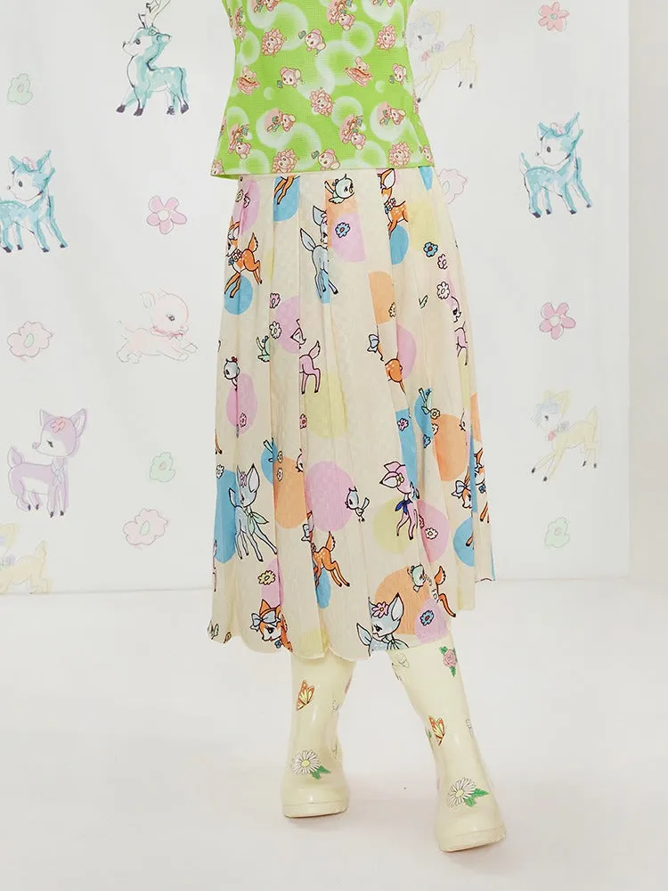 Shimizu Illustration Cute Deer Print Pleated A-Line Skirt【s0000003661】