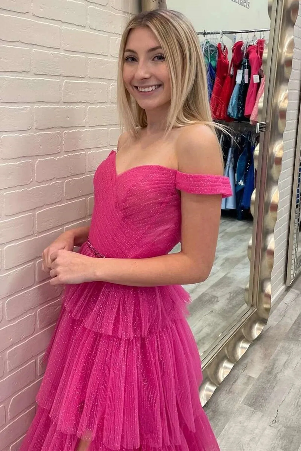 Shiny Tulle Tiered Prom Dress with Slit, Off Shoulder Formal Evening Dresses UQP0159