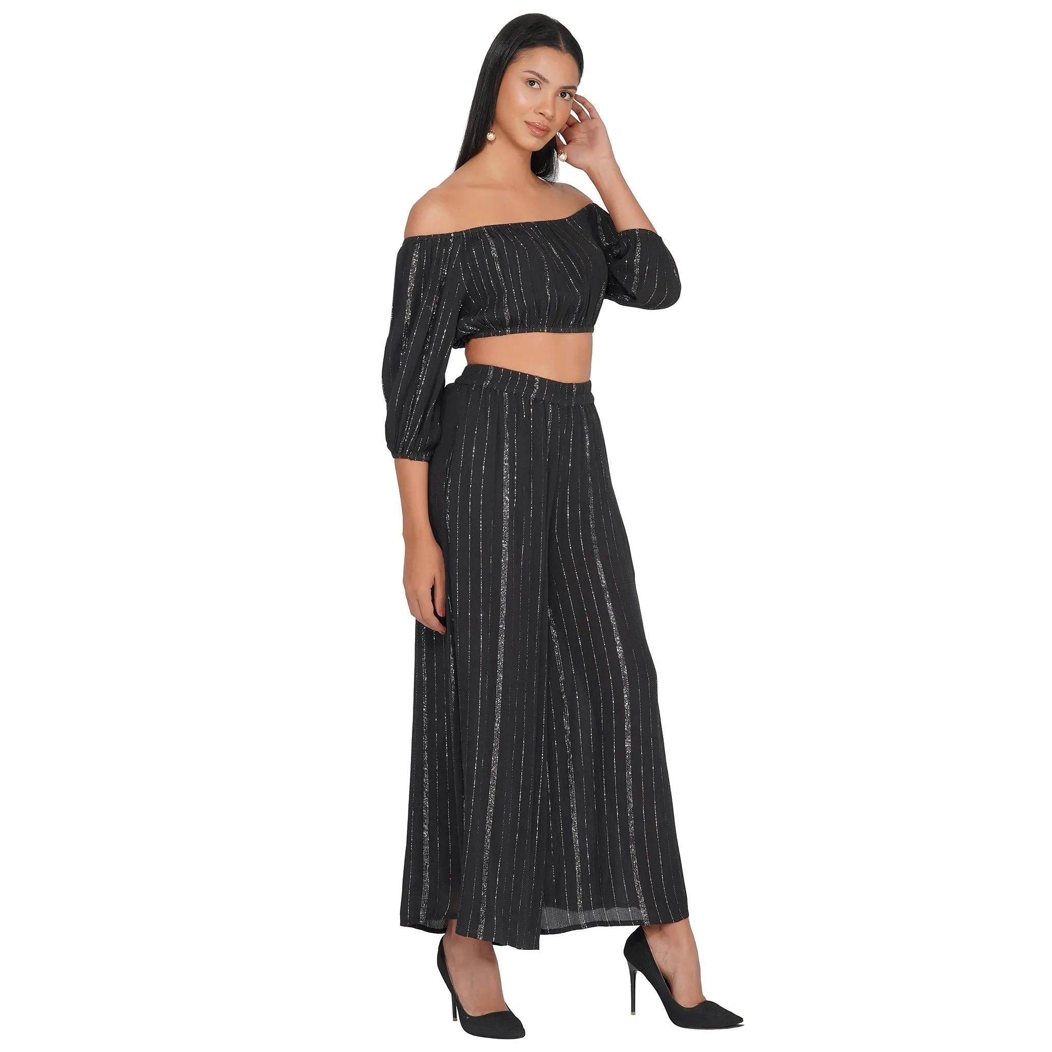 SLAY. Women's Black Lurex Off Shoulder Crop Top Palazzo Co-ord Set