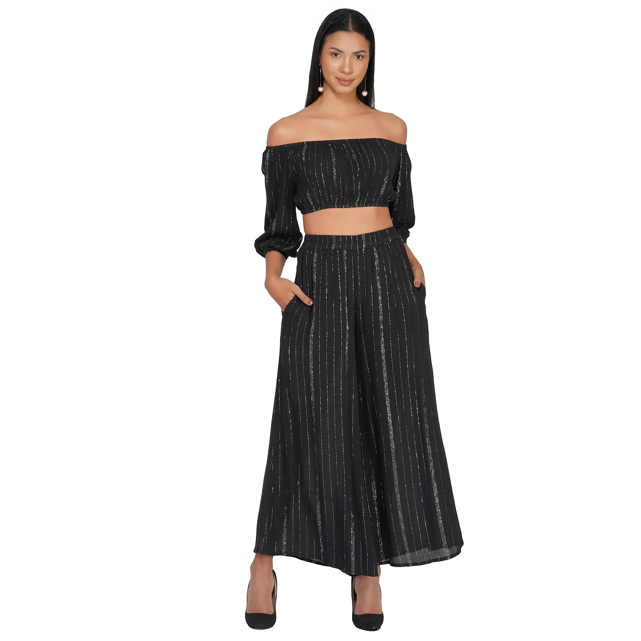 SLAY. Women's Black Lurex Off Shoulder Crop Top Palazzo Co-ord Set