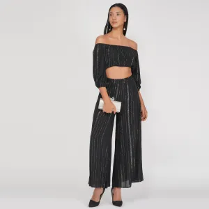 SLAY. Women's Black Lurex Off Shoulder Crop Top Palazzo Co-ord Set