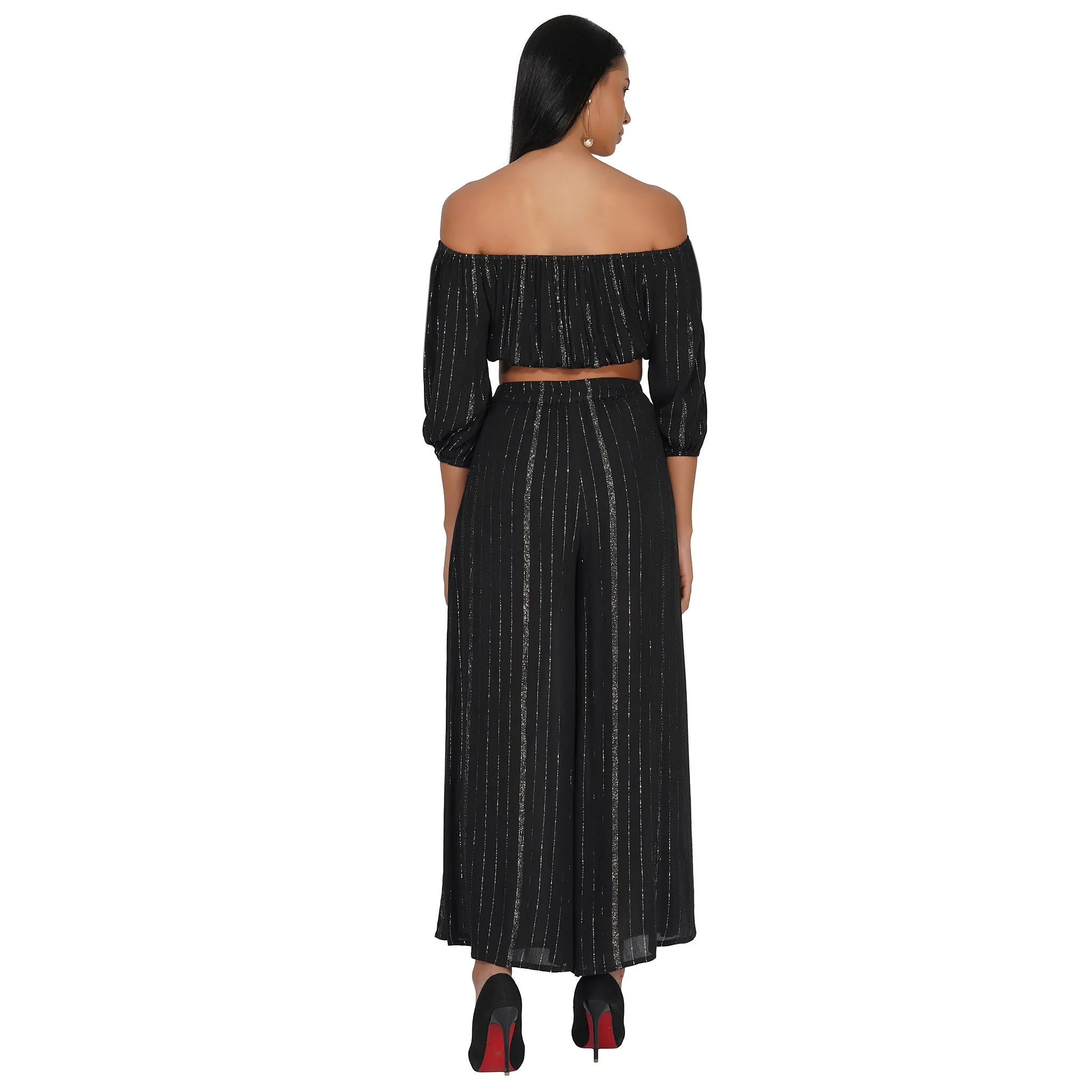 SLAY. Women's Black Lurex Off Shoulder Crop Top Palazzo Co-ord Set