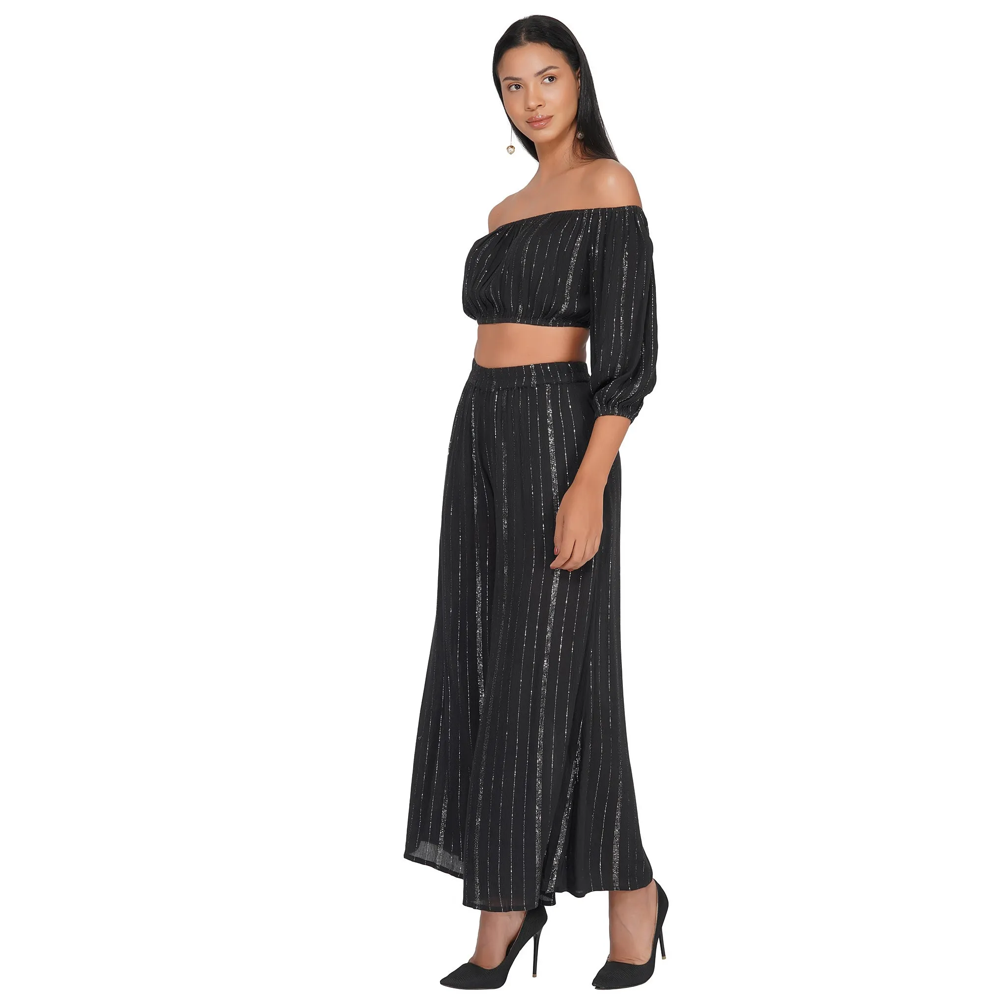 SLAY. Women's Black Lurex Off Shoulder Crop Top Palazzo Co-ord Set