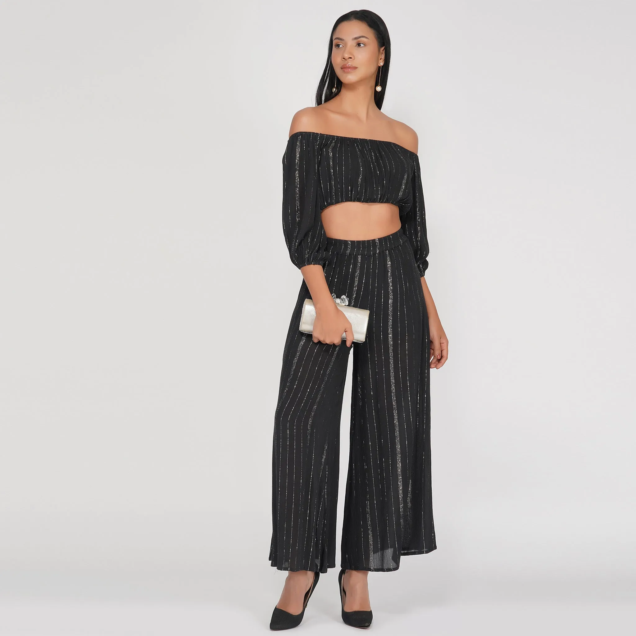 SLAY. Women's Black Lurex Off Shoulder Crop Top Palazzo Co-ord Set