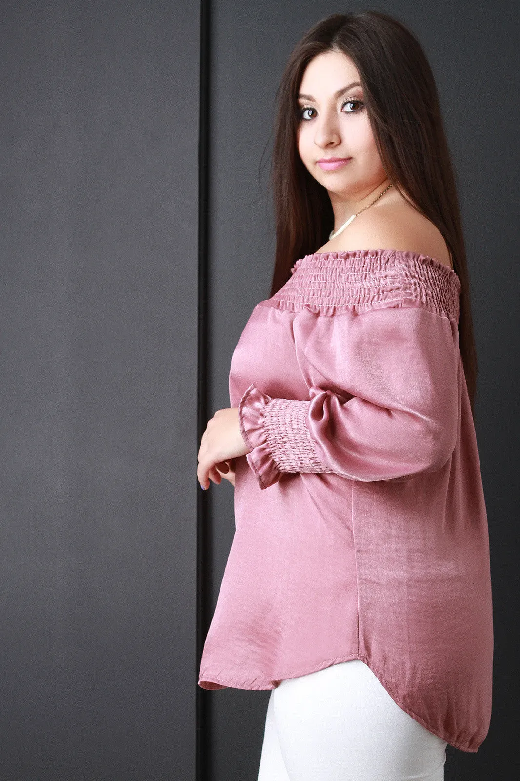 Smocked Satin Off-The-Shoulder Blouse Top