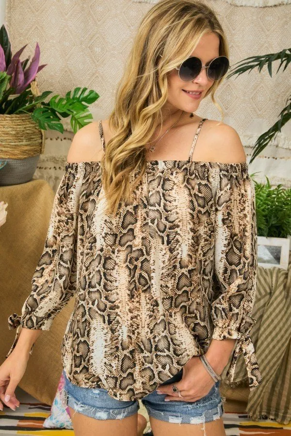 Snakeskin off the shoulder 3/4 sleeve top