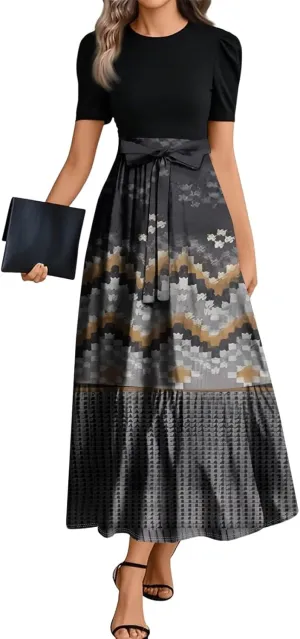 Summer Beach Vacation Clothes Spring Dresses for Women 2025 Short Sleeve Elegant Tie Waist Flowy Maxi Dress