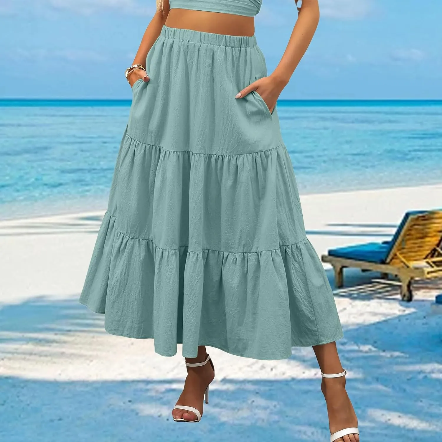 Summer Maxi Skirts for Women Fashion Boho Elastic High Waist Ruffle Hem Skirt Flowy Solid Color Skorts with Pockets