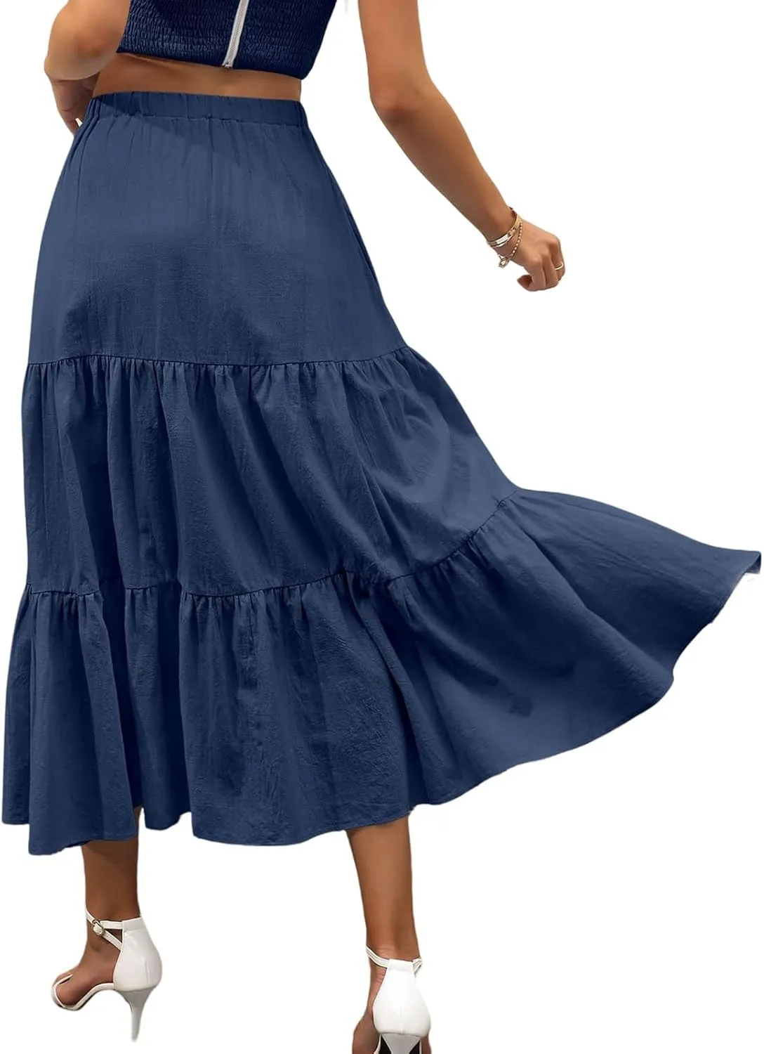 Summer Maxi Skirts for Women Fashion Boho Elastic High Waist Ruffle Hem Skirt Flowy Solid Color Skorts with Pockets