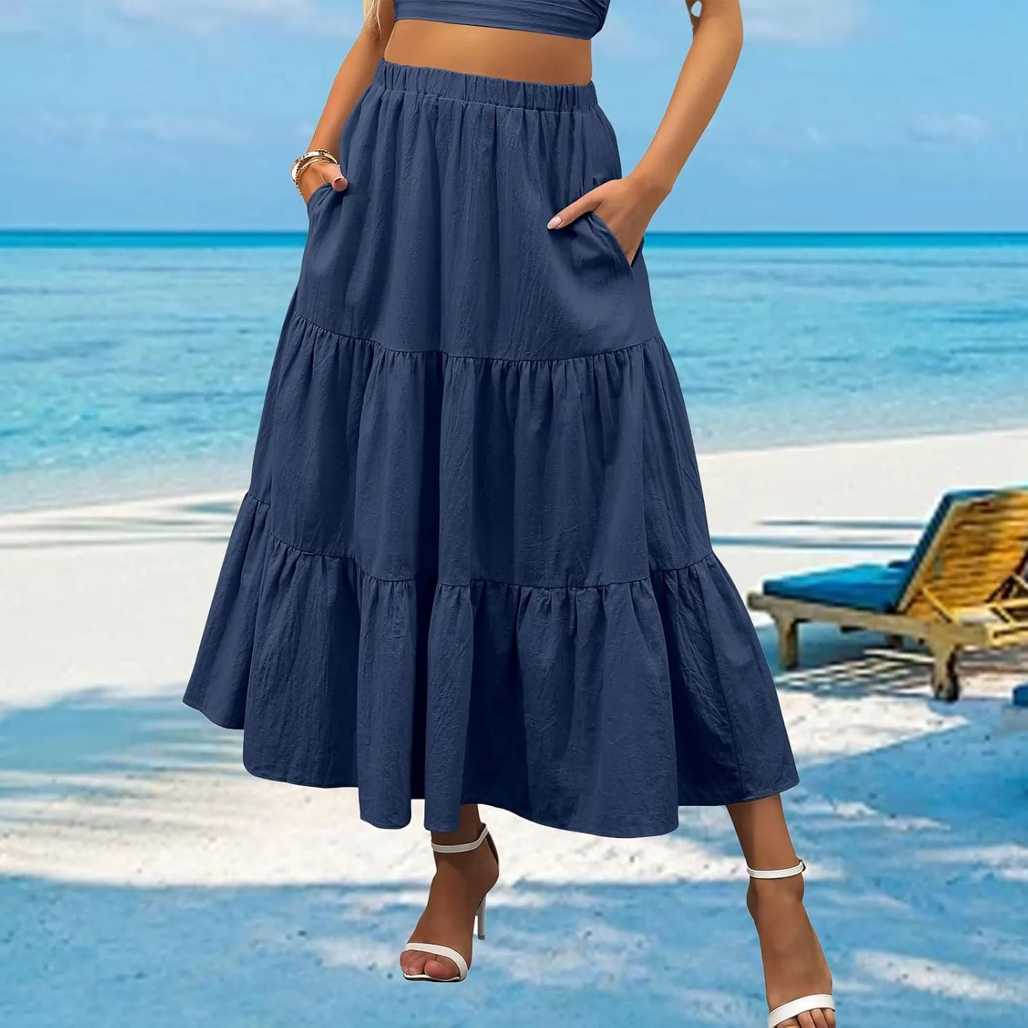 Summer Maxi Skirts for Women Fashion Boho Elastic High Waist Ruffle Hem Skirt Flowy Solid Color Skorts with Pockets