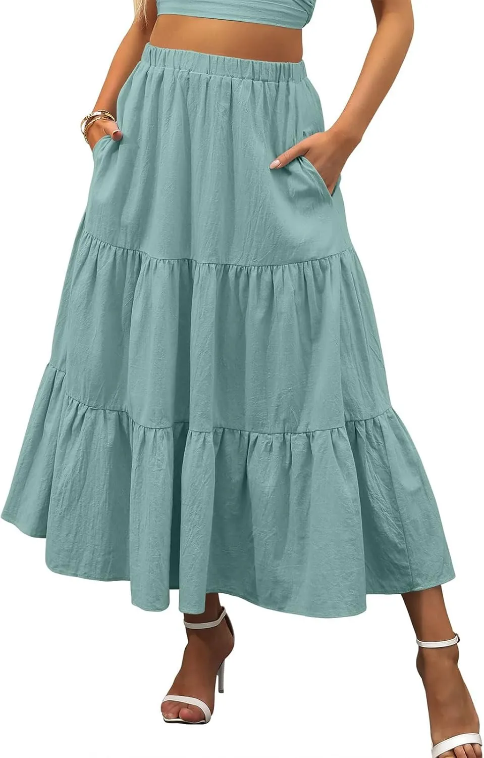 Summer Maxi Skirts for Women Fashion Boho Elastic High Waist Ruffle Hem Skirt Flowy Solid Color Skorts with Pockets