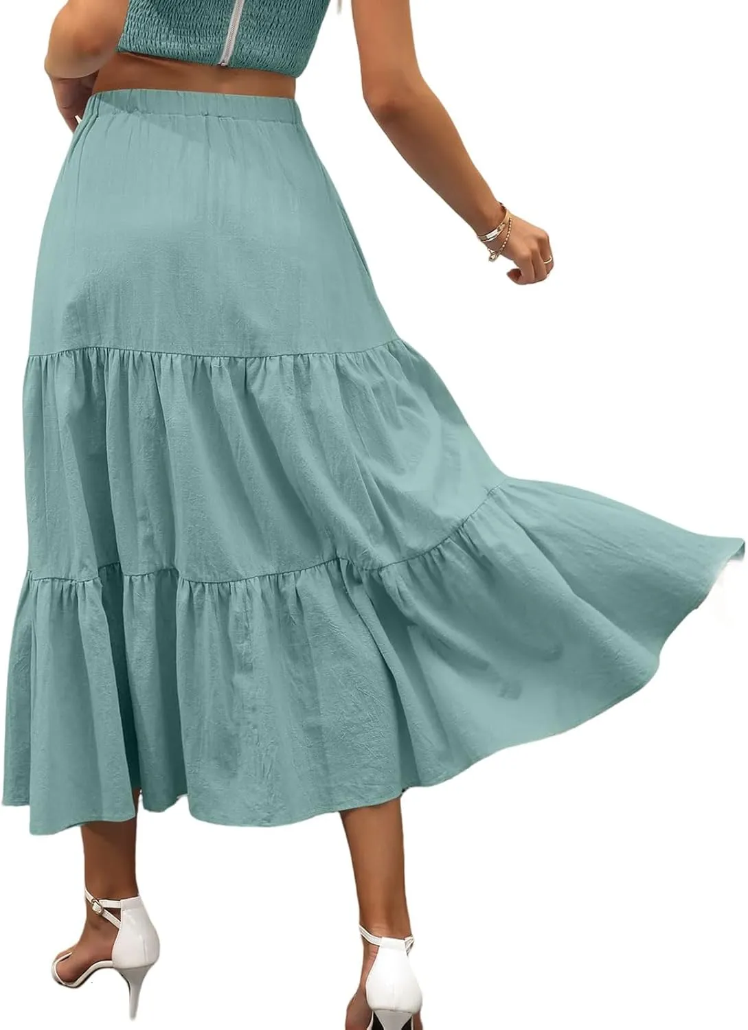 Summer Maxi Skirts for Women Fashion Boho Elastic High Waist Ruffle Hem Skirt Flowy Solid Color Skorts with Pockets