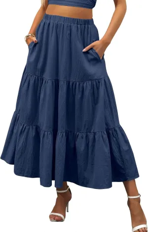 Summer Maxi Skirts for Women Fashion Boho Elastic High Waist Ruffle Hem Skirt Flowy Solid Color Skorts with Pockets
