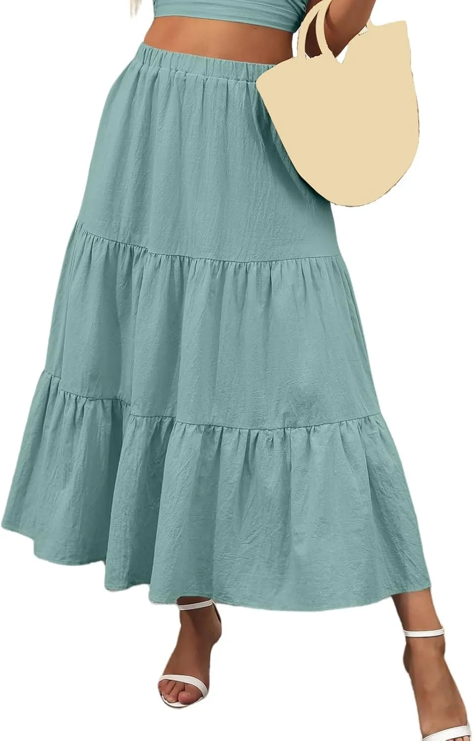 Summer Maxi Skirts for Women Fashion Boho Elastic High Waist Ruffle Hem Skirt Flowy Solid Color Skorts with Pockets
