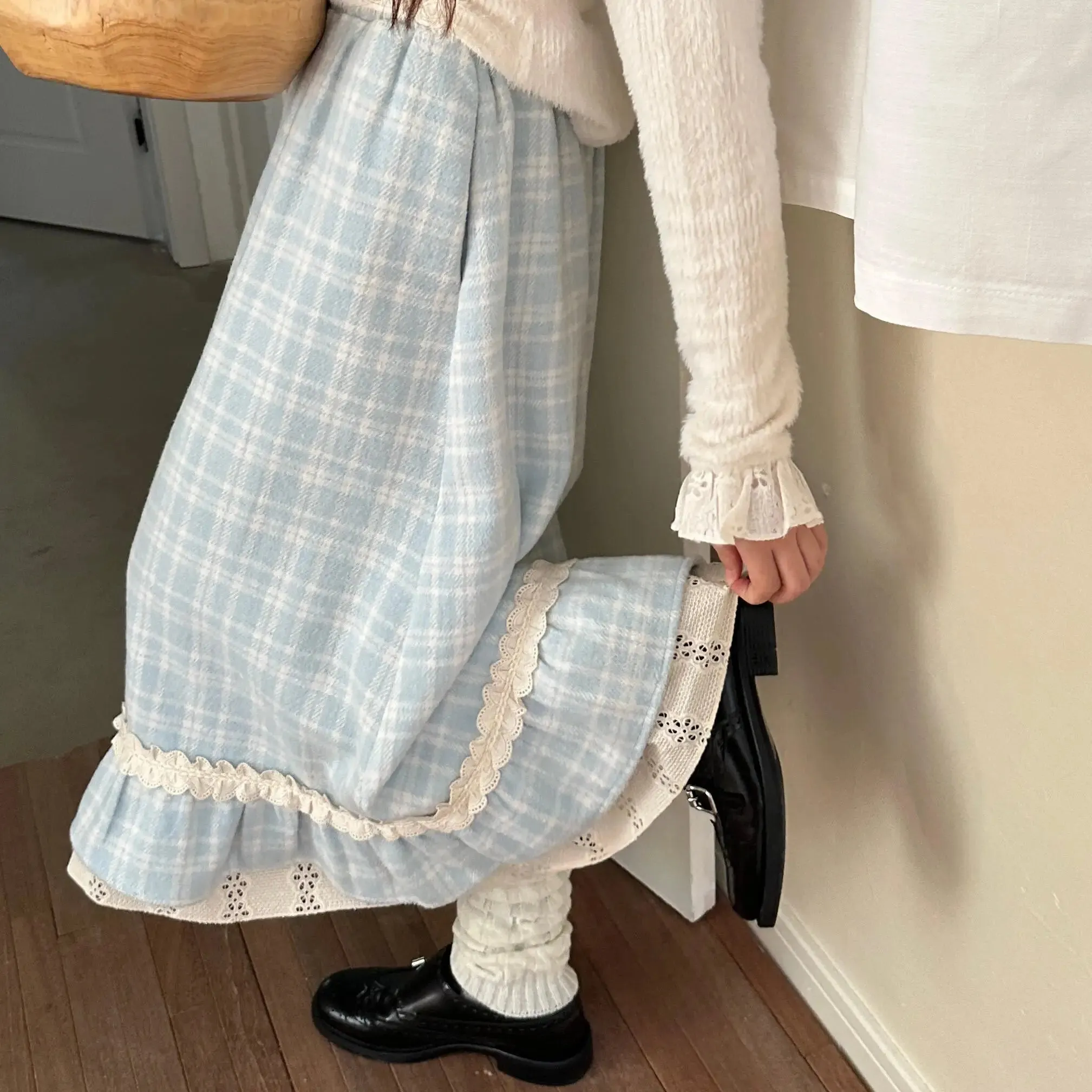 TAVIMART  -  Autumn Winter Y2k Skirts Blue Plaid Woolen Vintage Plaid Lace Splicing Skirt High Waist Slimming A Word Long Skirt