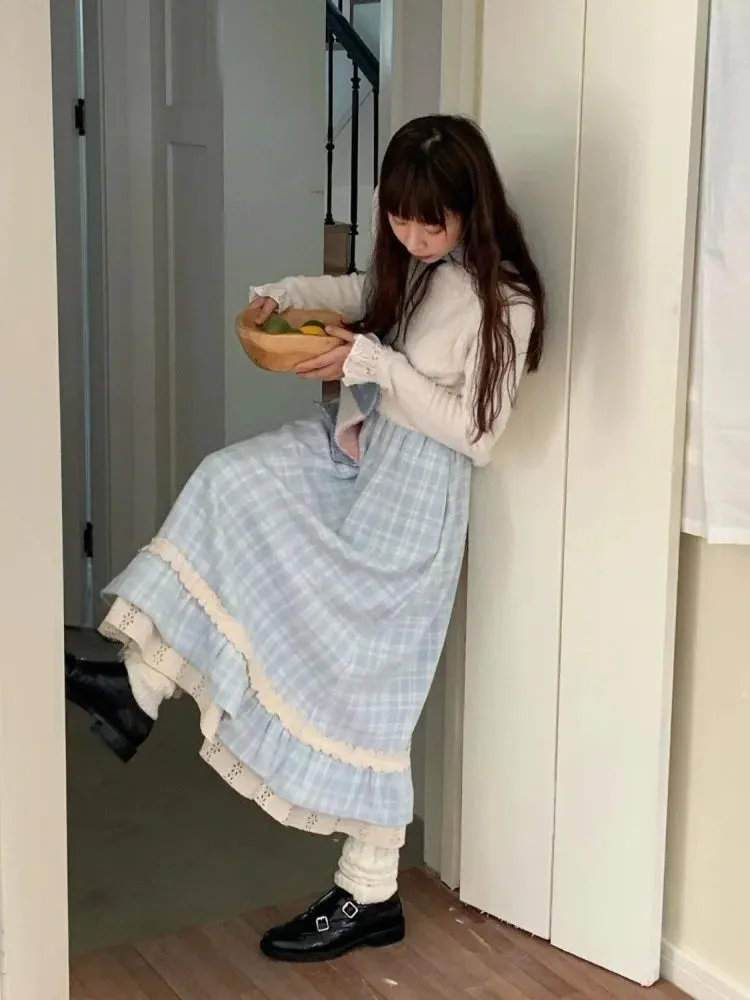 TAVIMART  -  Autumn Winter Y2k Skirts Blue Plaid Woolen Vintage Plaid Lace Splicing Skirt High Waist Slimming A Word Long Skirt