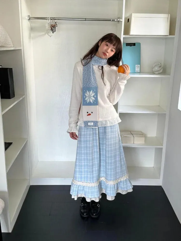 TAVIMART  -  Autumn Winter Y2k Skirts Blue Plaid Woolen Vintage Plaid Lace Splicing Skirt High Waist Slimming A Word Long Skirt