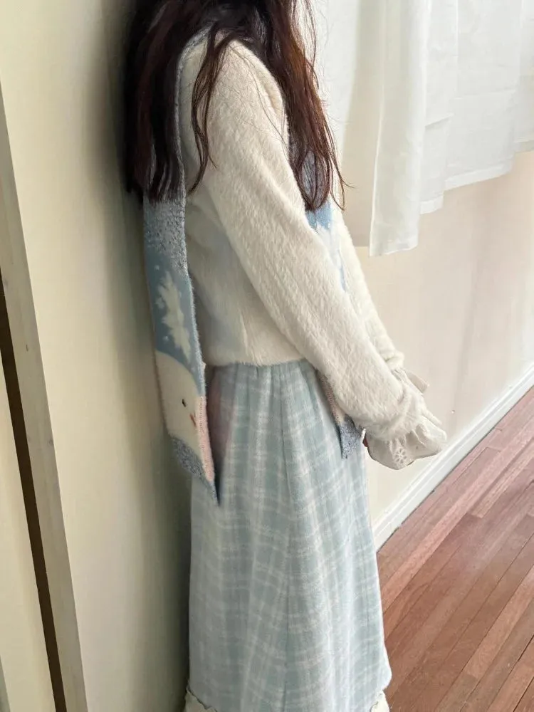 TAVIMART  -  Autumn Winter Y2k Skirts Blue Plaid Woolen Vintage Plaid Lace Splicing Skirt High Waist Slimming A Word Long Skirt