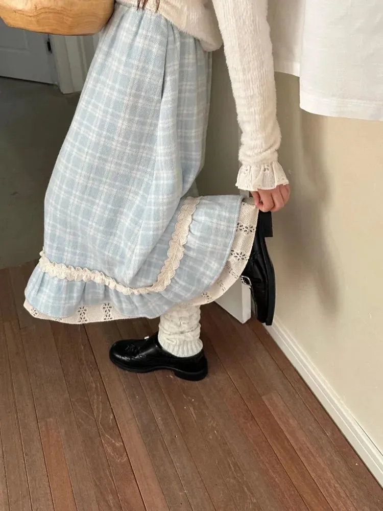 TAVIMART  -  Autumn Winter Y2k Skirts Blue Plaid Woolen Vintage Plaid Lace Splicing Skirt High Waist Slimming A Word Long Skirt
