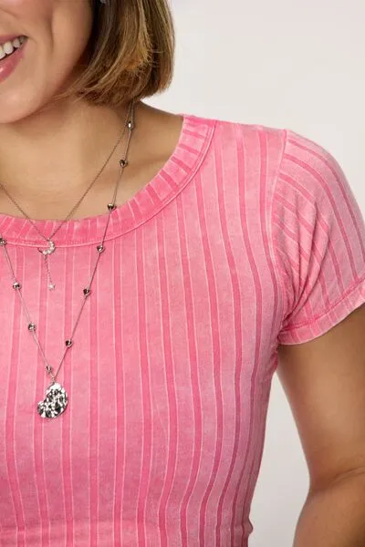 TEEK - Fuchsia Washed Ribbed Short Sleeve Cropped Top