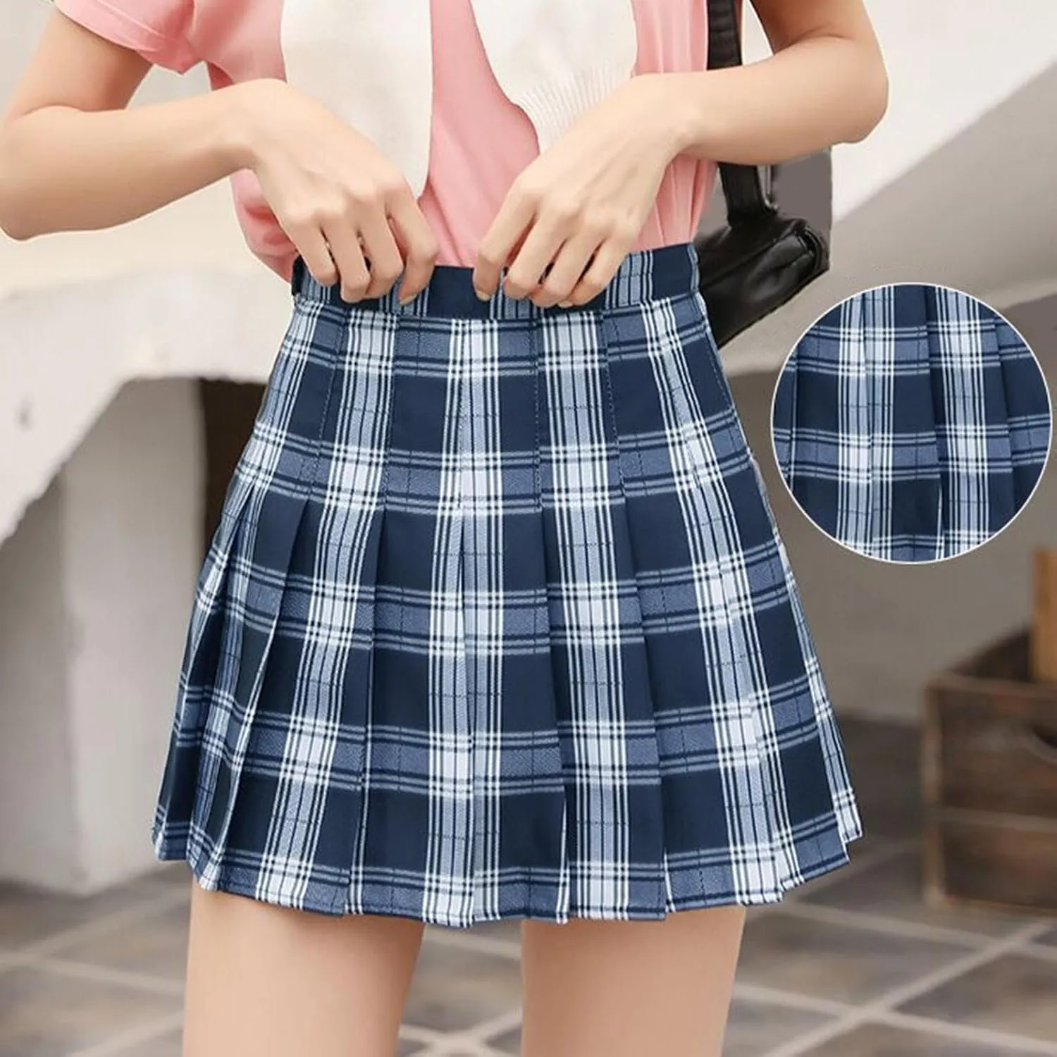 Teen Girls Pleated Mini Skirt Preppy Plaid Skirts Elastic High Waisted Uniform Skirt Plus Size Tartan Skirts for School Girl