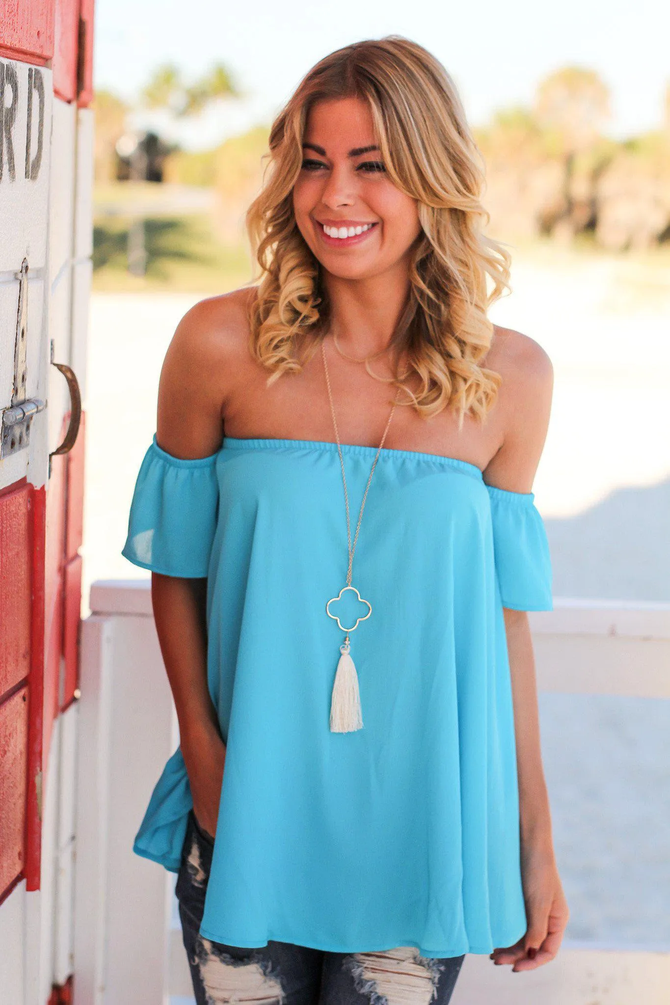 Turquoise Off Shoulder Top