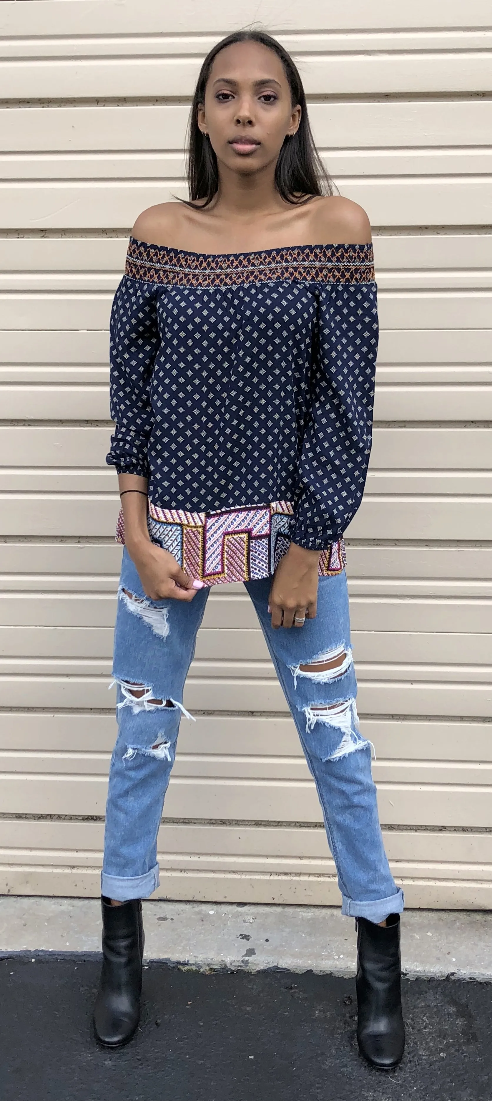 Twin Print Off the Shoulder Top, Navy