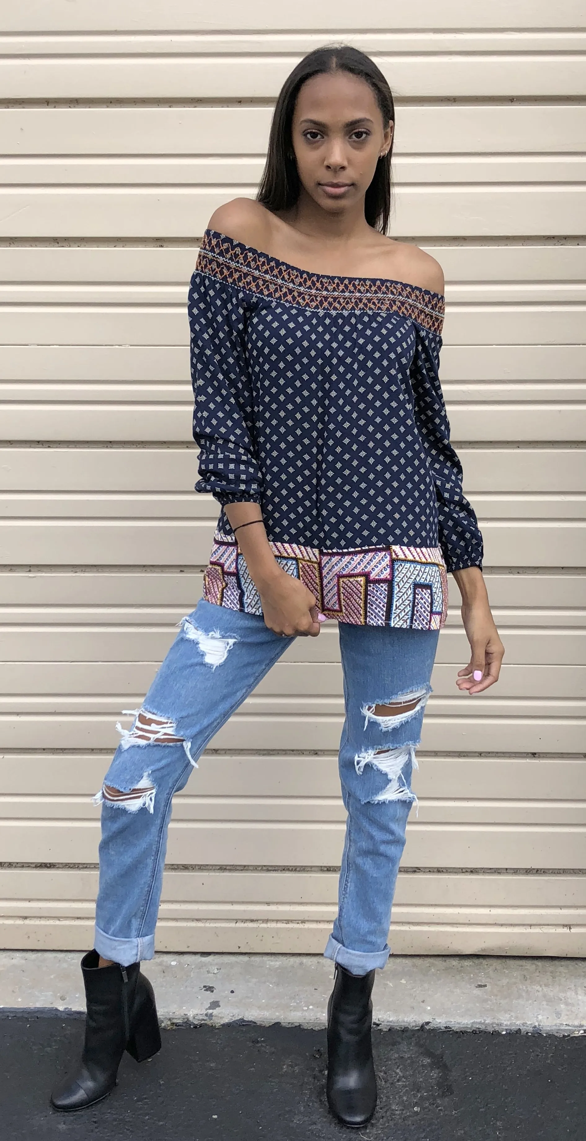 Twin Print Off the Shoulder Top, Navy