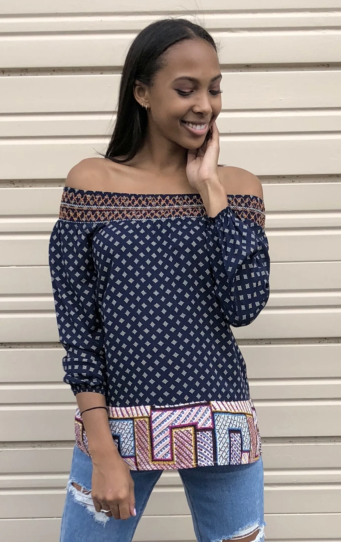 Twin Print Off the Shoulder Top, Navy