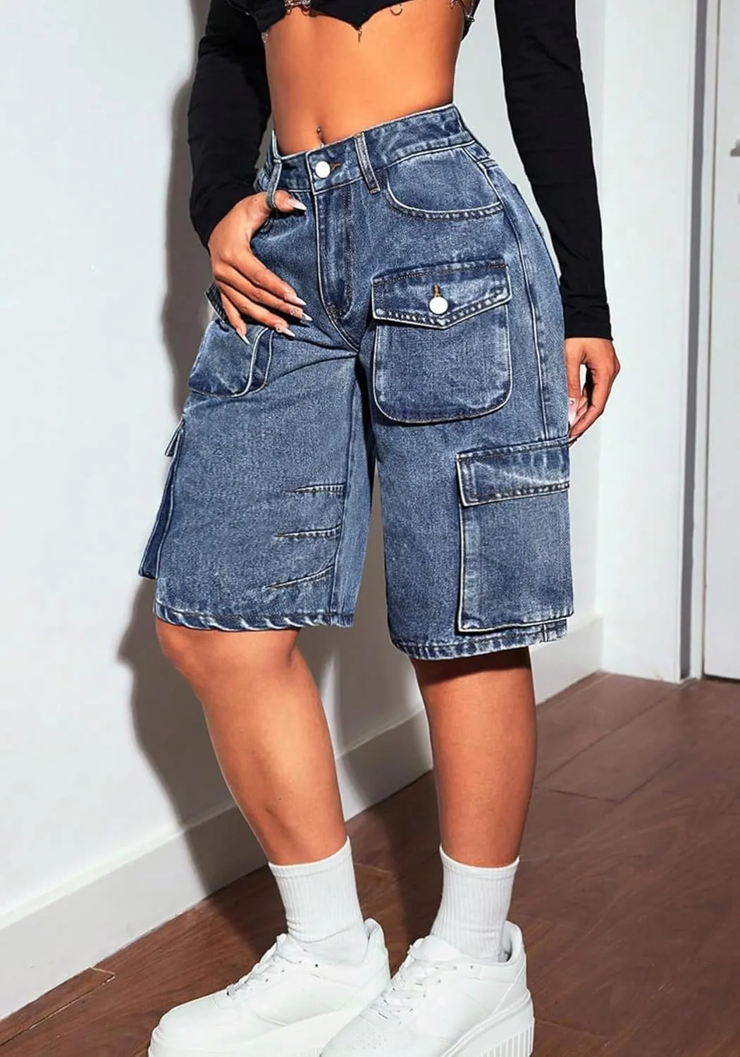 Unybwonn Women Jean Shorts Cargo High Waisted Straight Leg Denim Jorts Shorts Baggy Bermuda Short