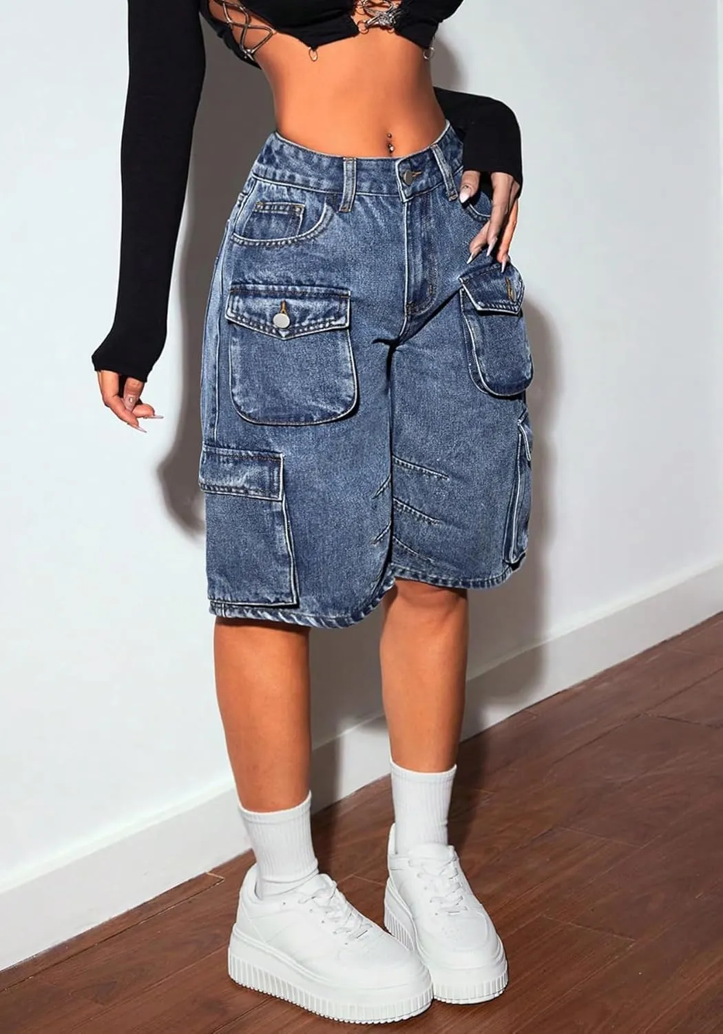 Unybwonn Women Jean Shorts Cargo High Waisted Straight Leg Denim Jorts Shorts Baggy Bermuda Short