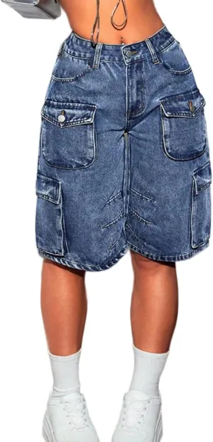 Unybwonn Women Jean Shorts Cargo High Waisted Straight Leg Denim Jorts Shorts Baggy Bermuda Short