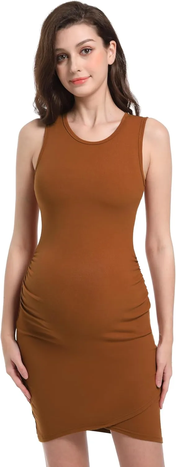V VOCNI Maternity Bodycon Dress Women's Sleeveless Tank Dress Short Casual Ruched Party Club Mini Maternity Dress