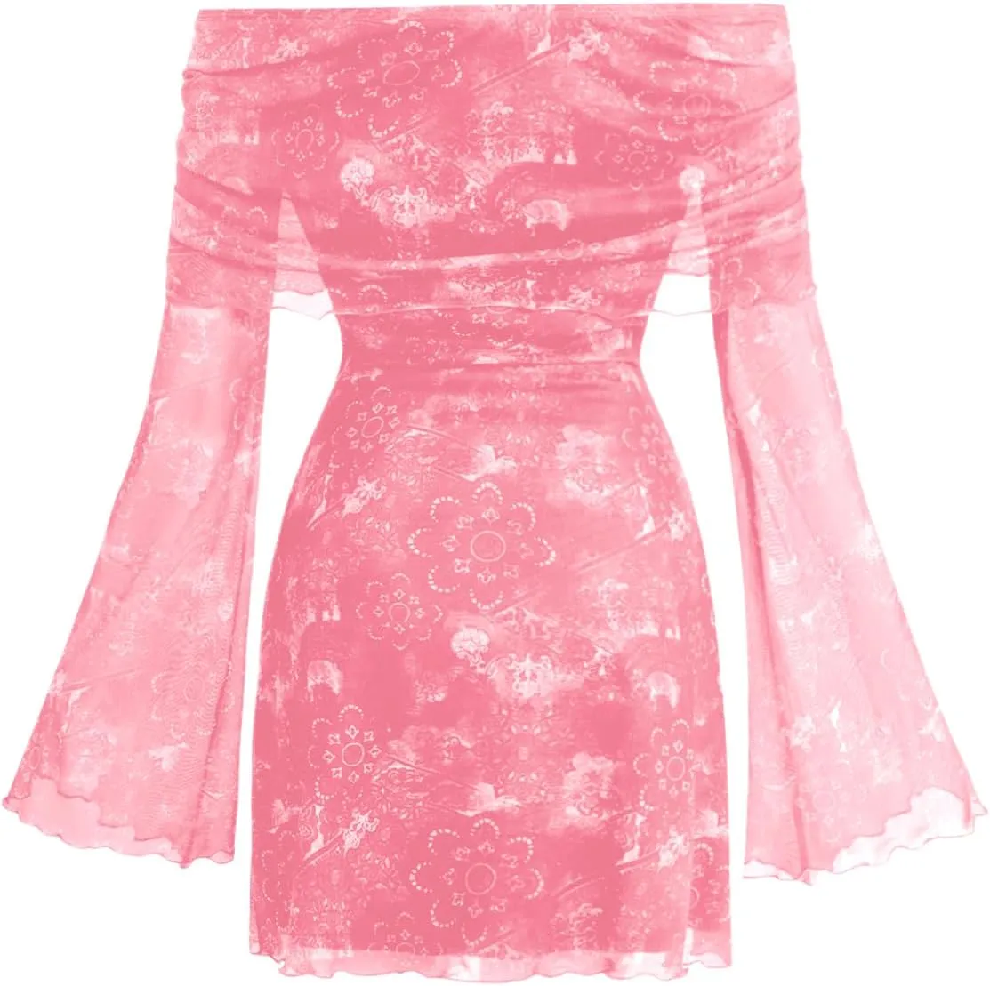 Verdusa Women's 70s Vintage Floral Off The Shoulder Dress Foldover Long Sleeve Bodycon Mini Dress