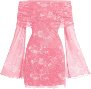 Verdusa Women's 70s Vintage Floral Off The Shoulder Dress Foldover Long Sleeve Bodycon Mini Dress
