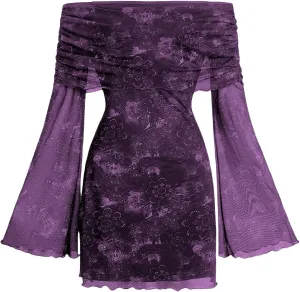 Verdusa Women's 70s Vintage Floral Off The Shoulder Dress Foldover Long Sleeve Bodycon Mini Dress