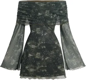 Verdusa Women's 70s Vintage Floral Off The Shoulder Dress Foldover Long Sleeve Bodycon Mini Dress