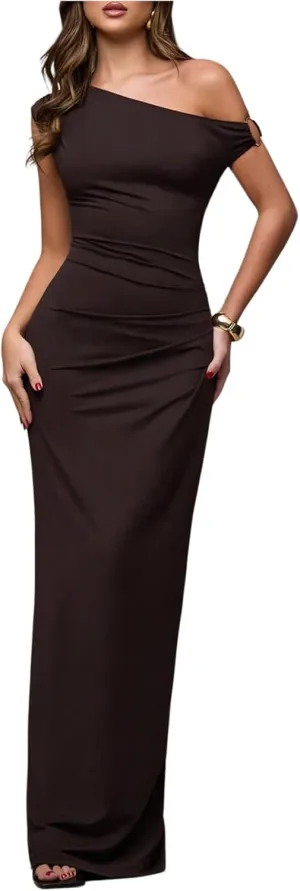 Verdusa Women's Off The Shoulder Dresses Asymmetrical Ruched Sleeveless Maxi Dress